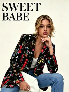 SWEET BABE Trendy Graffiti Print Women Blazer Single Button V-neck Casual Blazer Fashionable Office Street