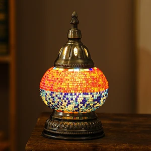 Turkish Moroccan Mosaic Glass Lamp Handmade Portable Bedside Lamp with Bronze Base DIY Gift for Children Bedroom Decor