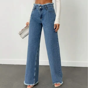 Simple Denim Jeans for Tall Women Front Pocket Fringe Trim Casual Fit Jeans Non-stretchy Pantalon