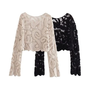 Women's Chic Cropped Semi-Sheer Crochet Knit Sweater Vintage O Neck Long Sleeve Pullovers Fashionable Tops