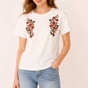 Women's T-Shirt Double-Sided Red Rose Embroidery On Chest, O-Neck, Loose Fit Comfortable & Breathable Casual Everyday Top