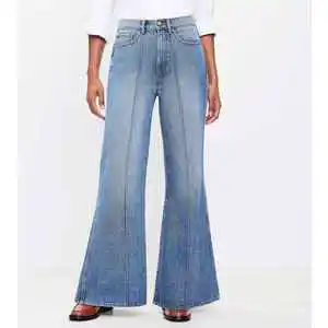 Custom Women's Jeans Washed Blue High Waist Fashion Casual Hot Sale Wide Leg Denim Jeans Pant