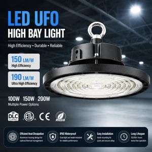 High Efficiency UFO LED High Bay Light 100W - 200W 0-10V Dimmable Flicker Free Aluminum Housing IP65 Commercial Warehouse Lamp
