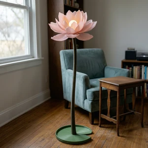 Pink Lotus Flower Floor Lamp E26 Base Plastic Shade Green Leaf Design LED Soft Warm Light Modern Large Dimmable Residential Use