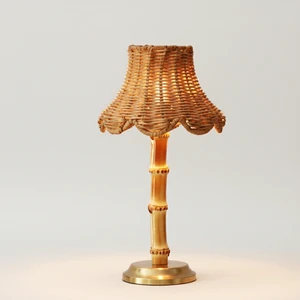 Modern Bamboo Pole Table Lamp Cordless Rechargeable Battery Included Natural Rattan Weave Touch Control LED Type-C Dimmable