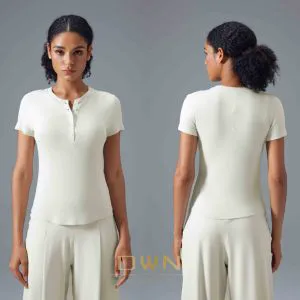 Women's Fashionable Slim Running Top Yoga Top with Button Zipper Casual Short Sleeve Fitness T-Shirt Skin-Friendly