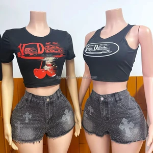 FAMOUS Clothes VD Casual Streetwear Polyester Top and Rhinestone Denim Shorts Jeans Fashion 2 Piece Set Women's Clothing