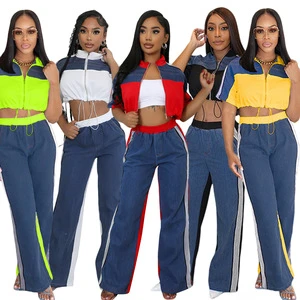 Women's Denim Spliced Color Collar Zipper Top Wide Leg Pants Streetwear Casual Patchwork 2 Piece Set