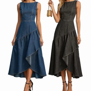 Women's Sleeveless Denim Midi Dress Asymmetrical Ruffle Hem High-Low Cascading Flounce Elegant Office Casual Lady Long Bottoms