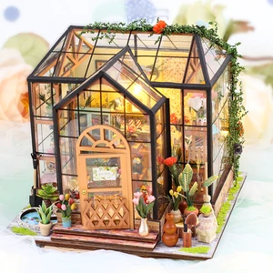 Garden Conservatory Greenhouse Booknook Kit with LED Light, DIY Miniature Dollhouse Building Set 1:24 Scale Wooden Diorama Model
