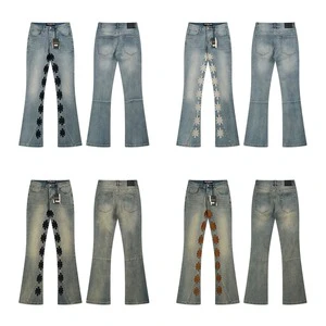 LOST SHDWS Men's Cowboy Flare Jean Solid Blue Washed Denim Trousers Stacked Hem Streetwear Jeans Pants