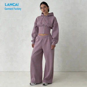 Customized Stylish Long Sleeve Casual Track Suits Cinched Waist Zip Up Hoodie And Wide Leg Jogger Set Two Piece For Women