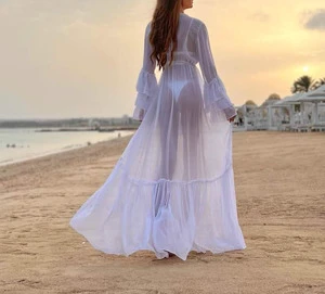 Sexy Bikini Cover-ups Long Solid Multi-layer Ruffle Sleeves Summer Chiffon Beach Dress Elegant Women Beach Wear Bikini Cover up