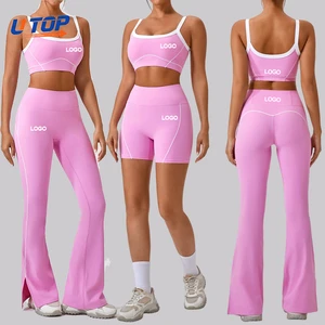Custom Logo Women's High Quality Gym 2 Pieces Yoga Set Flare Yoga Pants High Waisted Shorts Pants High Supports Sports Bra