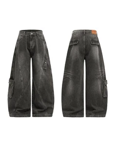 High Street Men's Asymmetrical Washed Denim Jeans Loose Straight Leg Cargo Pants Autumn Casual Black Curved Silhouette Trousers