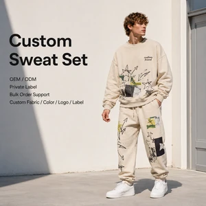 Made To Order Sweat Set Crewneck Layered Collage Graphic Jogger Pants Men Casual Streetwear Printed Sweat Set