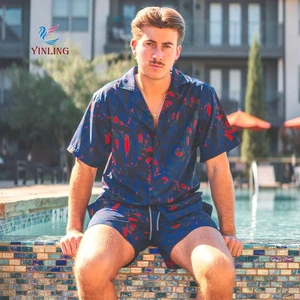 Hot Selling Beach Outfit Set Quick Drying Hawaii Beach Men's Button up Collar Shirt Tropical Beach Two-piece Set Swim Trunks