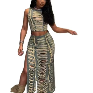 European and American Women's Denim Suit Cross-border Trend Personalized Handmade Worn-out Vest High Slit Denim Skirt Set