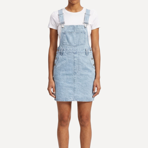 Fashion Ladies Jean Overall Dress Bleach Wash Denim Pinafore Straight Silhouette Summer Sleeveless Bib Jumper Skirt Streetwear