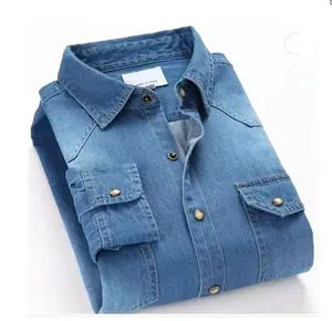 New Arrival Men Denim Shirts Long Sleeve Soft 100% Cotton Double Pockets Slim Slight Elastic Jeans Blue Tops Cowboy Clothing