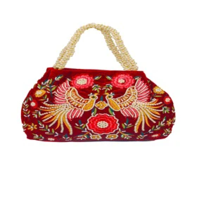 Fashionable High Quality Women's Red Mini Bag Elegant Peacock Design Pearl Decoration Wedding Party Gift Drawstring Closure Raw