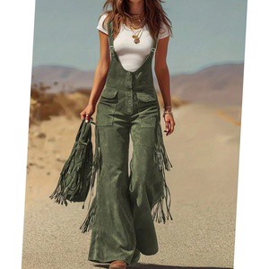 Women's Vintage Washed Suede Denim Jumpsuit High Waist Wide Leg Denim Suspenders Pants
