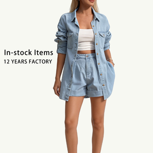 Women Denim 2 Piece Set Matching Coordinates Loose Shirt Cuffed Shorts Spring Summer Casual Outfits Western Fashion Apparel