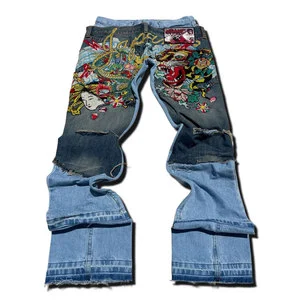 Japanese Style Men's Flare Jeans Plus Size Distressed Embroidered Denim Pants Mid Waist Loose Fit Hand Embroidery Floral Pattern