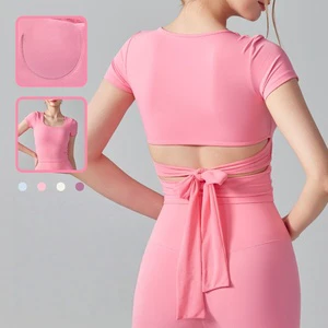 Wholesale Women's Short Sleeve T-Shirt with Built-in Bra Padding Workout Yoga Wear Comfortable Casual Yoga Top