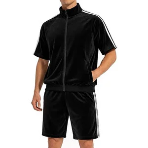 Mens Velour Tracksuit Two Piece Outfit Short Sleeve Full Zip Jacket Shorts Set Winter Lightweight Casual Loungewear Comfortable