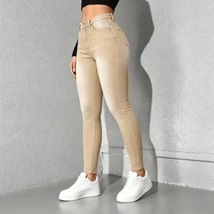 Source Factory Women Skinny Jeans Low Rise Solid Camel Denim Cotton High Elastic Skinny Pants