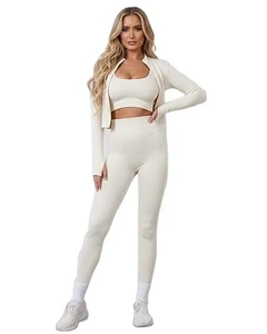 Women's 3-Piece Seamless Anti-Bacterial Workout Set Spandex/Nylon Solid Sports Bra High-Waisted Gym Yoga Leggings Sleeveless