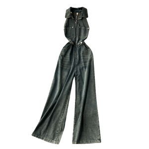 Casual Turn-down Collar Slim Jumpsuit for Women High Waist Zipper Denim Long Jumpsuit Ladies Casual Overalls Wholesale