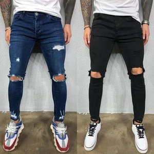 Factory Custom Men's Jeans Ripped Fashion Trend Slim Straight Beggar Long Pants in Stock