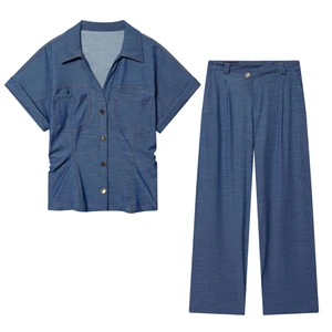Custom Spring Women's New Arrival - Collared Rolled-Up Short-Sleeve Slim Fit Pleated Waist Denim Shirt Women 2 Piece Set