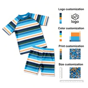 Large Quantity Wholesale Custom Boys Striped Two Piece Rash Guard Swimsuit Anti-UV Kids Swim Shorts Set
