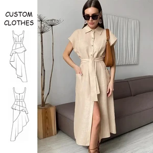 ODM Casual Pencil Short Sleeve Maxi Long Turn Down Collar Button Belt Empire Summer Solid Linen Cotton Blend Shirt Dresses Women