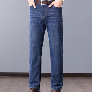 Men's Lightweight Breathable Woven Mid-Waist Straight Solid Denim Trousers Business Casual Summer Medium Wash Multi-pocket