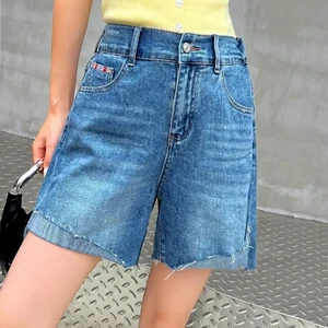 Wholesale Women's Plus Size Zipper Blue Denim Shorts Summer Casual Baggy Breathable High Waist Elastic Raw Hem Denim Shorts