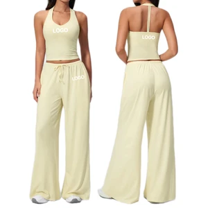 Custom Quick Dry Brushed Yoga Set Beautiful-Back Camisole Wide-Leg Lounge Pants Sports Set 2-Piece Casual Running Fitness Wear