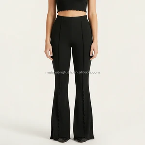 Custom Ruffle Trim Elastic Ribbed Flared Pants For Women Bell Bottom Ladies