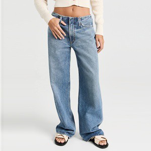 Custom OEM ODM Loos Fit Special Waistband Design Soft Wide Leg Low Rise Women Denim Lady Jeans