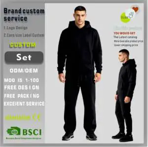MASILOU Men Autumn Casual Thermal Woven Polyester/Cotton Suit With Hooded Collar Front Logo Fabric Men Suit Men Hoodies