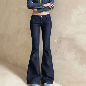 Wholesale Women's Low-Waist Skinny Flared Dark Blue Jeans Breathable Vintage Slim Solid Denim Jeans