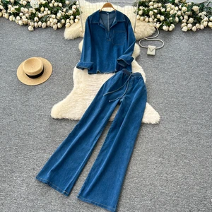 Plus Size 2025 Fall Women's Vintage Sets Top And High Waist Denim Suit Jogging Suits Wholesale