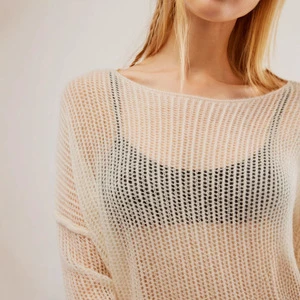 2025 Women's Fashionable Solid Color Long Sleeved Knitted Beach Cover Shirt One-Piece Vacation Style