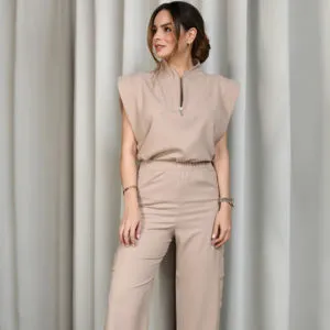 Modern Nurse Scrubs Set Featuring Sleeveless Top Elastic Waist Wide Leg Pants Side Pockets