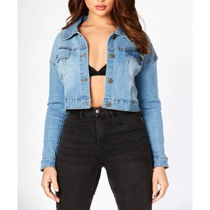 Womens Crop Denim Jacket Fashion Washed Jeans Jacket Ladies Long Sleeve Cropped Denim Jacket