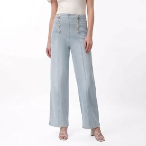 OEM/ODM Womens Light Blue High Waisted Straight Wide Jeans Nautical Sailor Style Gold Button Denim Trousers Factory Direct