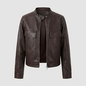 Women's Coated Solid PU Leather Motorcycle Jacket Zipper Closure Vintage Cropped Short Stand Collar Polyester Lining Autumn